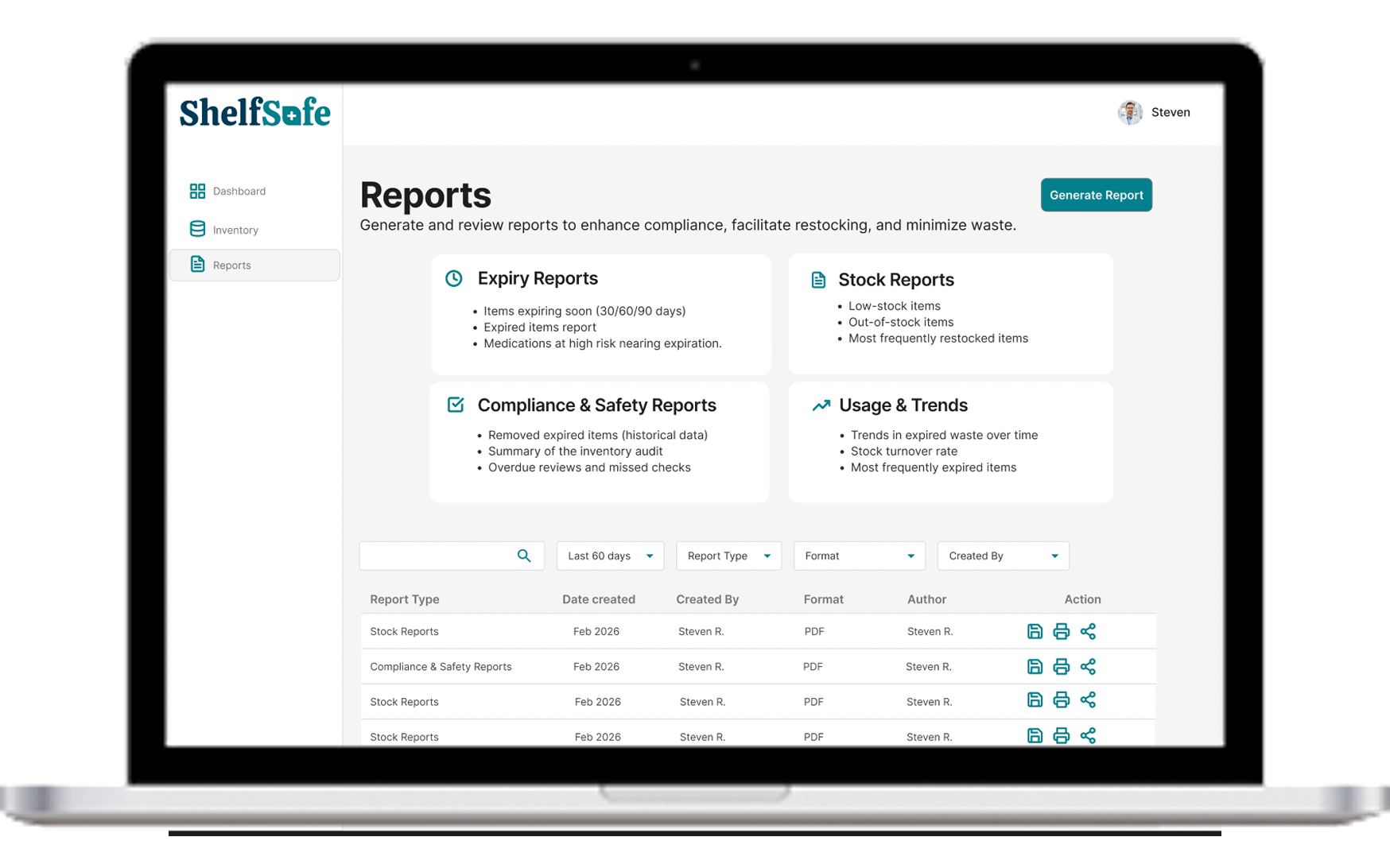 Reports screen